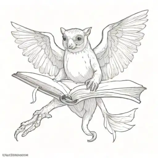 flying lemur with wings open and reading a book tattoo design idea