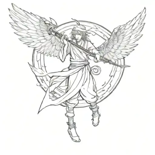 momo avatar flying with open wings. holding scythe in his hands.  tattoo design idea