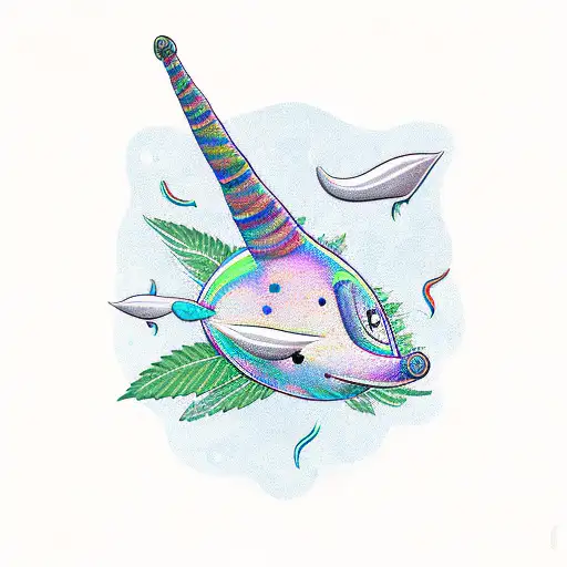 A psychedelic narwhal wearing a monocle surrounded by cannabis leaves tattoo design idea