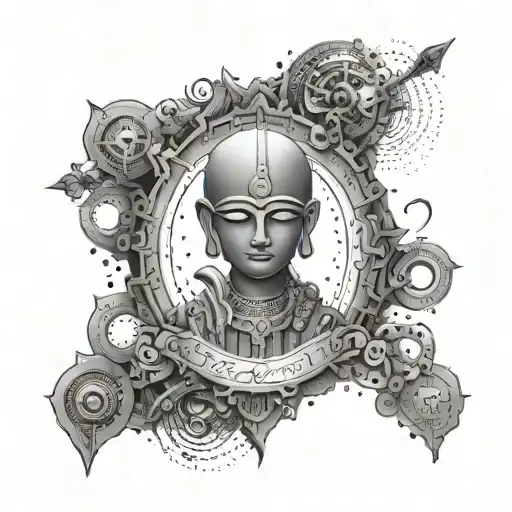 A cyber security themed tattoo featuring a digital interpretation of the Bhagavad Gita scripture tattoo design idea