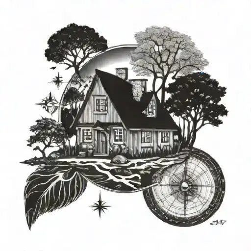 stone road to oak life of tree under family house surrounded rune compass  tattoo design idea