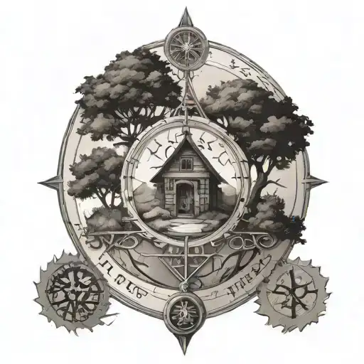 stone road to oak life of tree under family house surrounded rune compass rose tattoo design idea