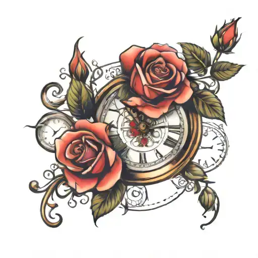 rose and clock face tattoo design idea