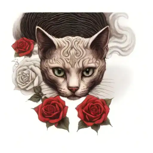 a cat with green eyes and red roses tattoo design idea