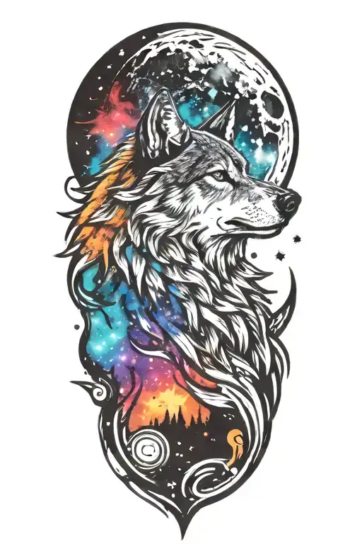 howling wolf  with space theme tattoo design idea