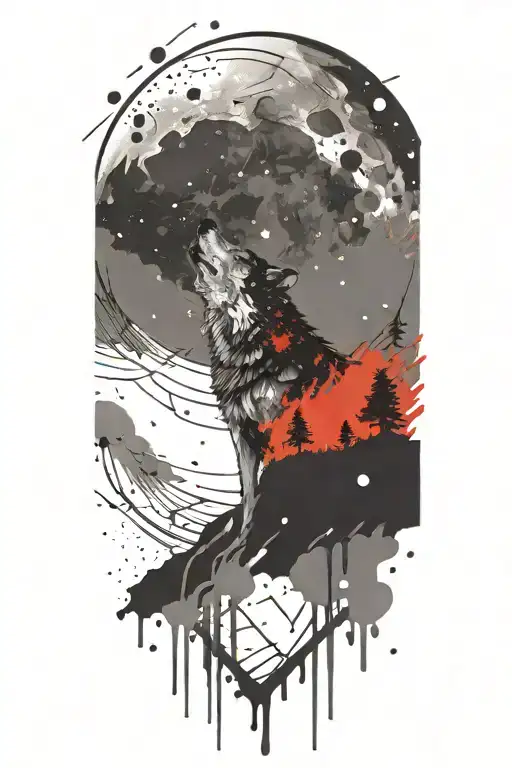 howling wolf  with space theme tattoo design idea