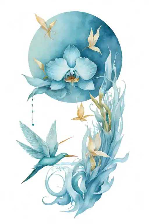 blue porcelin, water color, orchid, paper crane flying tattoo design idea