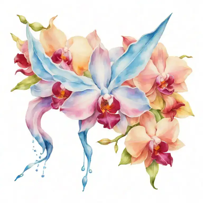 blue porcelin, water color, orchid, paper crane flying tattoo design idea