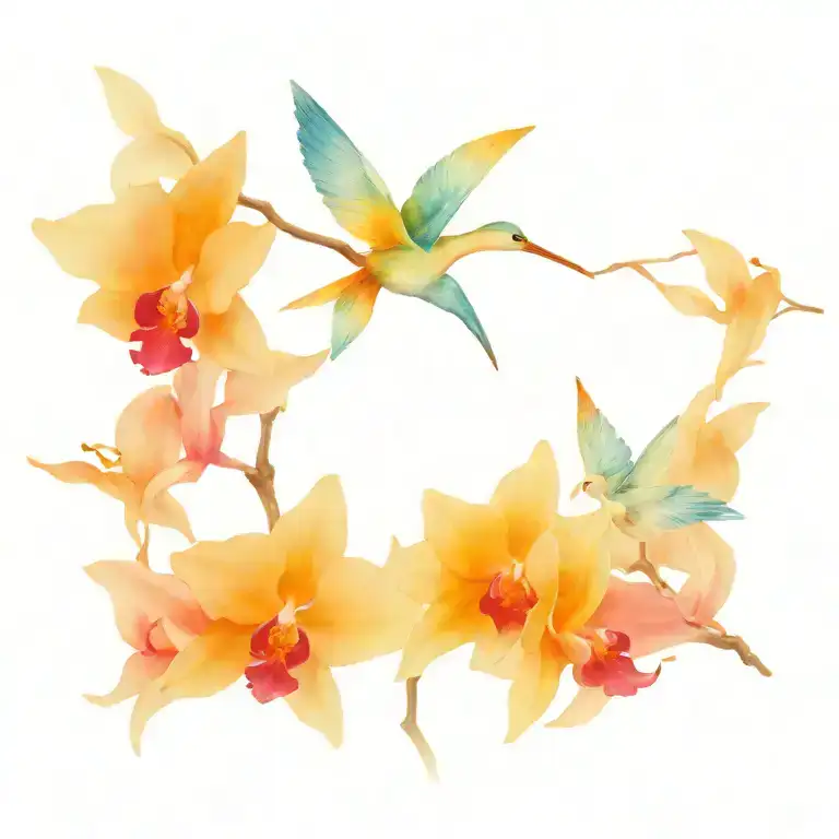blue porcelin, water color, orchid, paper crane flying tattoo design idea