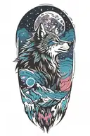 howling wolf  with space theme tattoo design idea