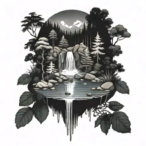 A serene forest scene with a hidden waterfall cascading into a crystal-clear lake, surrounded by lush greenery and wildlife tattoo design idea