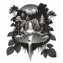 A serene forest scene with a hidden waterfall cascading into a crystal-clear lake, surrounded by lush greenery and wildlife tattoo design idea