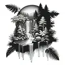 A serene forest scene with a hidden waterfall cascading into a crystal-clear lake, surrounded by lush greenery and wildlife tattoo design idea
