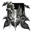 A serene forest scene with a hidden waterfall cascading into a crystal-clear lake, surrounded by lush greenery and wildlife tattoo design idea