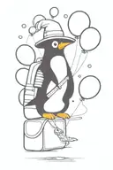 PENGUIN WITH AN EXPLORER'S HAT AND BACKPACK HOLDING SOME COLORFUL BALLOONS THAT FLY, WITH AESTHETICS FROM THE UP MOVIE tattoo design idea