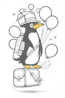 PENGUIN WITH AN EXPLORER'S HAT AND BACKPACK HOLDING SOME COLORFUL BALLOONS THAT FLY, WITH AESTHETICS FROM THE UP MOVIE tattoo design idea