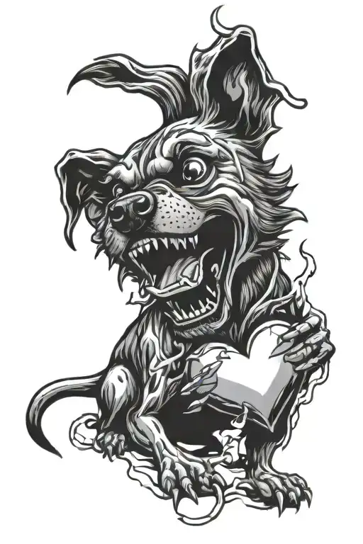 Angry dog eats heart tattoo design idea