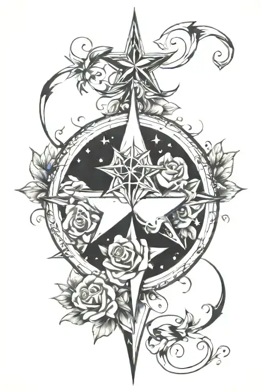 dainty line tattoo north star and triskel and open heart tattoo design idea