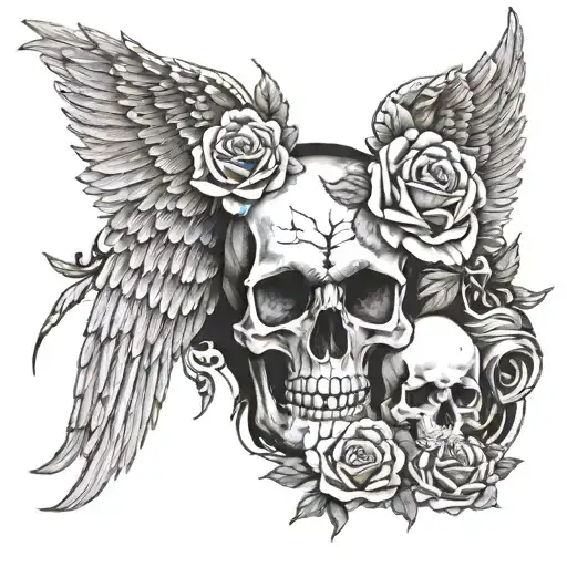 2 angel wings, skull, roses, JP, 02/10/1966-19/08/2024 tattoo design idea
