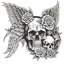 2 angel wings, skull, roses, JP, 02/10/1966-19/08/2024 tattoo design idea