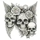 2 angel wings, skull, roses, JP, 02/10/1966-19/08/2024 tattoo design idea