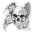 2 angel wings, skull, roses, JP, 02/10/1966-19/08/2024 tattoo design idea