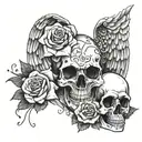 2 angel wings, skull, roses, JP, 02/10/1966-19/08/2024 tattoo design idea