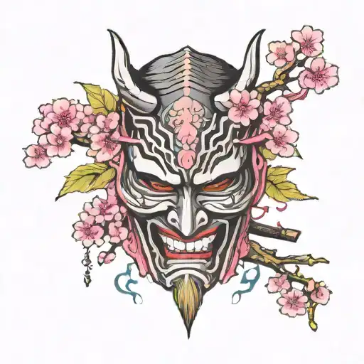 Japanese Samurai mask broken with a pink sakura tree tattoo design idea