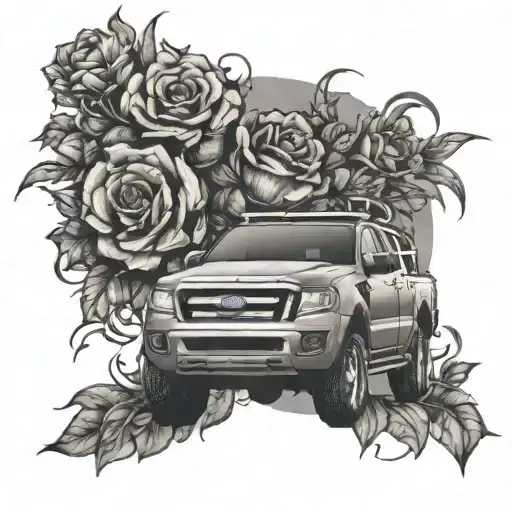 ford ranger truck and flowers tattoo design idea