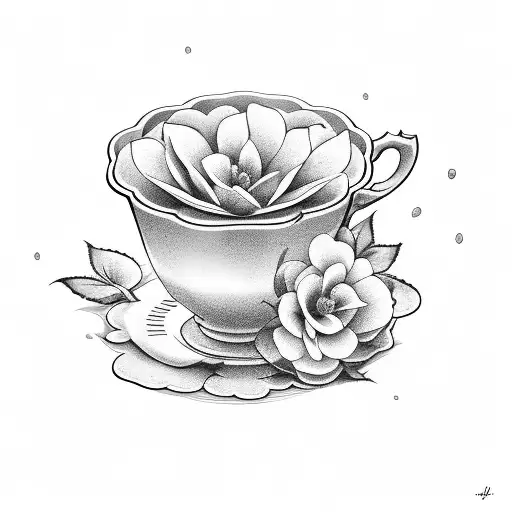 cup with camellias tattoo design idea