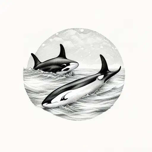 orca swimming with two baby orcas underneath the moonlight tattoo design idea