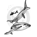 orca swimming with two baby orcas underneath the moonlight tattoo design idea