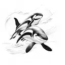 orca swimming with two baby orcas underneath the moonlight tattoo design idea