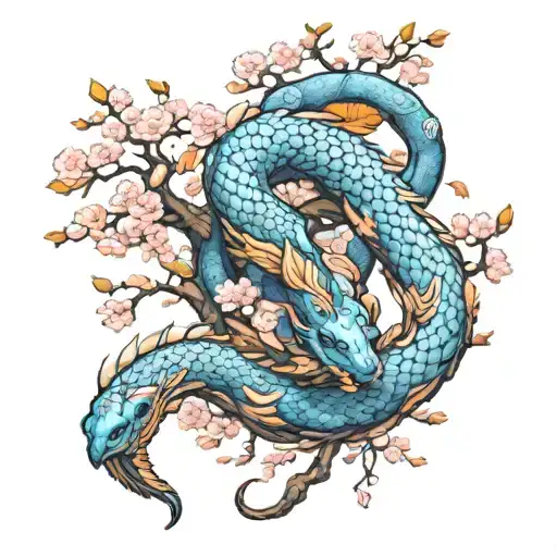 Jörmungandr wrapped around cherry blossom tree in Chinese style with blue and orange colors tattoo design idea