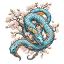 Jörmungandr wrapped around cherry blossom tree in Chinese style with blue and orange colors tattoo design idea