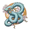 Jörmungandr wrapped around cherry blossom tree in Chinese style with blue and orange colors tattoo design idea