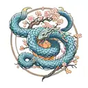 Jörmungandr wrapped around cherry blossom tree in Chinese style with blue and orange colors tattoo design idea