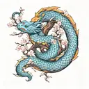 Jörmungandr wrapped around cherry blossom tree in Chinese style with blue and orange colors tattoo design idea