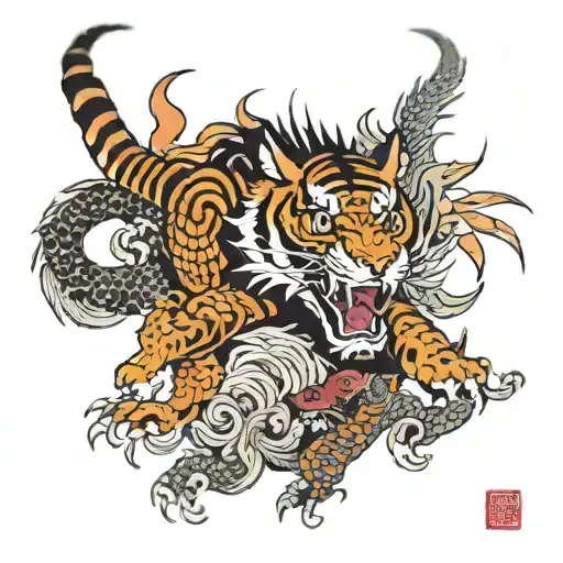 Tiger, Rooster, dragon intertwined tattoo design idea