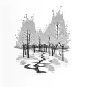 A hiking trail winding through a forest with cherry blossom trees tattoo design idea