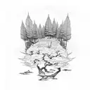 A hiking trail winding through a forest with cherry blossom trees tattoo design idea