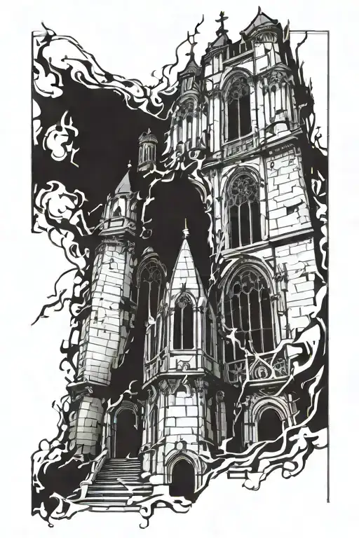 A  Gothic-style church engulfed in flames. Distorted architecture Windows shattered or with demonic faces peering out tattoo design idea