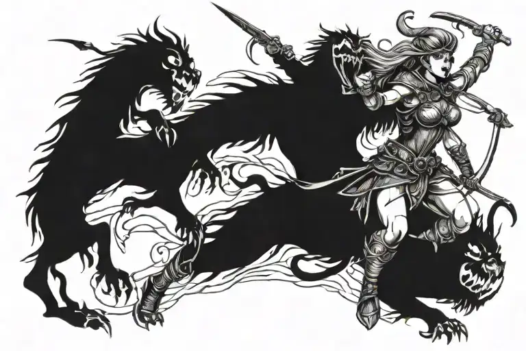 germanic female warrior battling demons trying to reach tattoo design idea