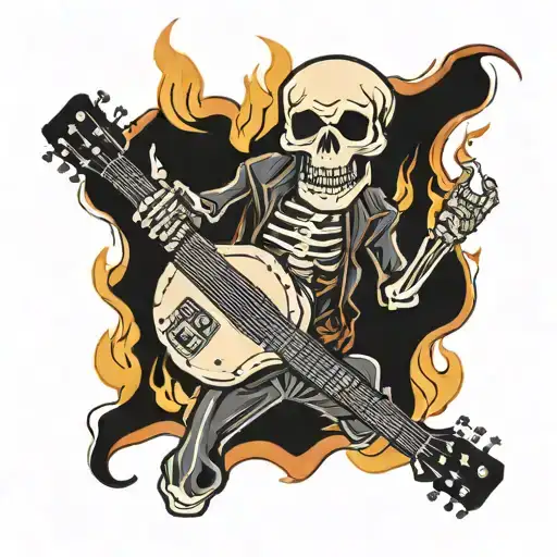 angry skeleton playing guitar in fire tattoo design idea