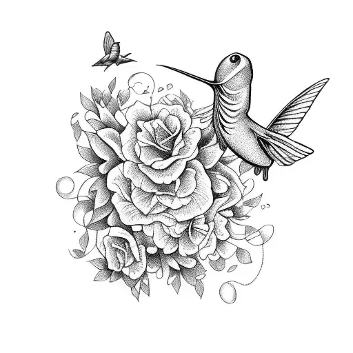 elegant flowers with a humming bird and frogs on fly tattoo design idea
