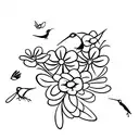 elegant flowers with a humming bird and frogs on fly tattoo design idea