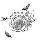 elegant flowers with a humming bird and frogs on fly tattoo design idea