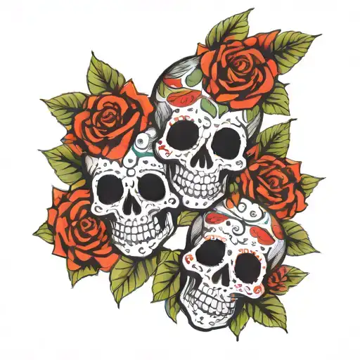 three flowered Mexican skulls of the dead tattoo design idea