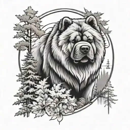 chow chow dog with forest and time background black tattoo design idea