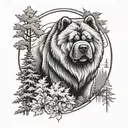 chow chow dog with forest and time background black tattoo design idea